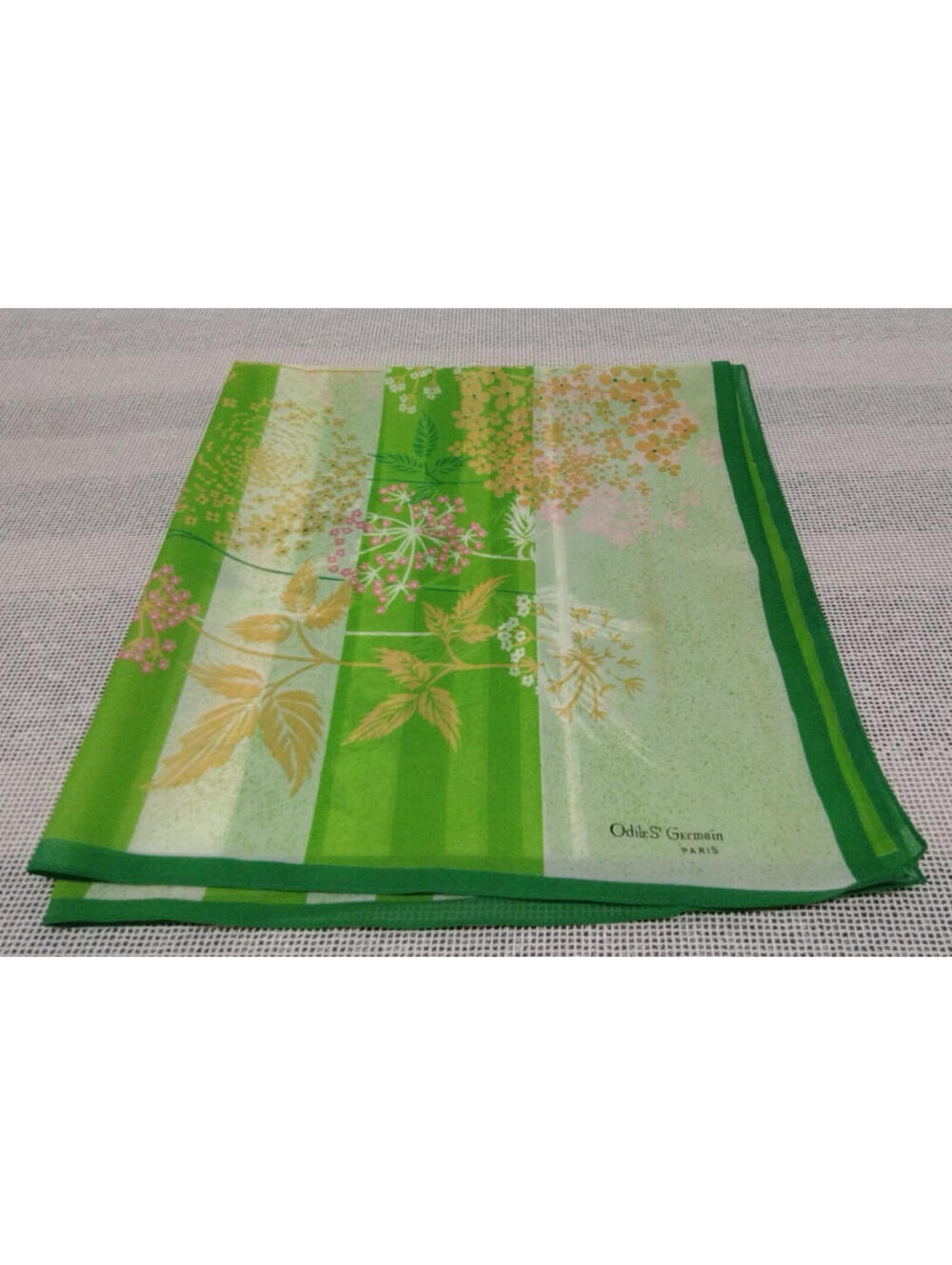 1960s 1970s Odile S' Germain Paris Scarf Neon Green Leaf Florals Chiffon Sheer